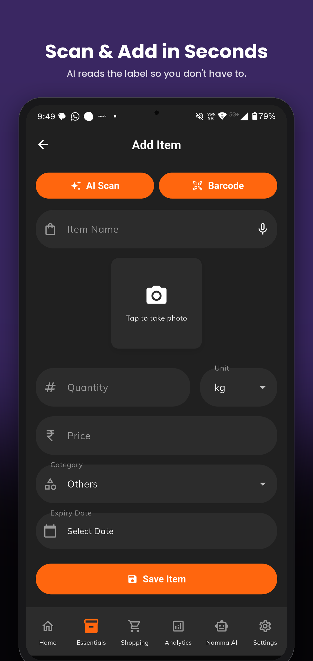 Add Item screen with AI Scan, barcode, and manual entry options