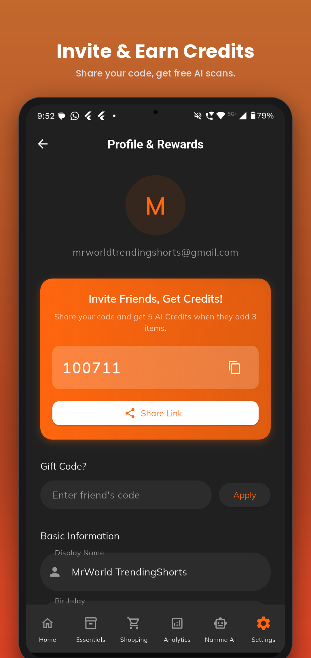 Profile and rewards screen with referral code and share link