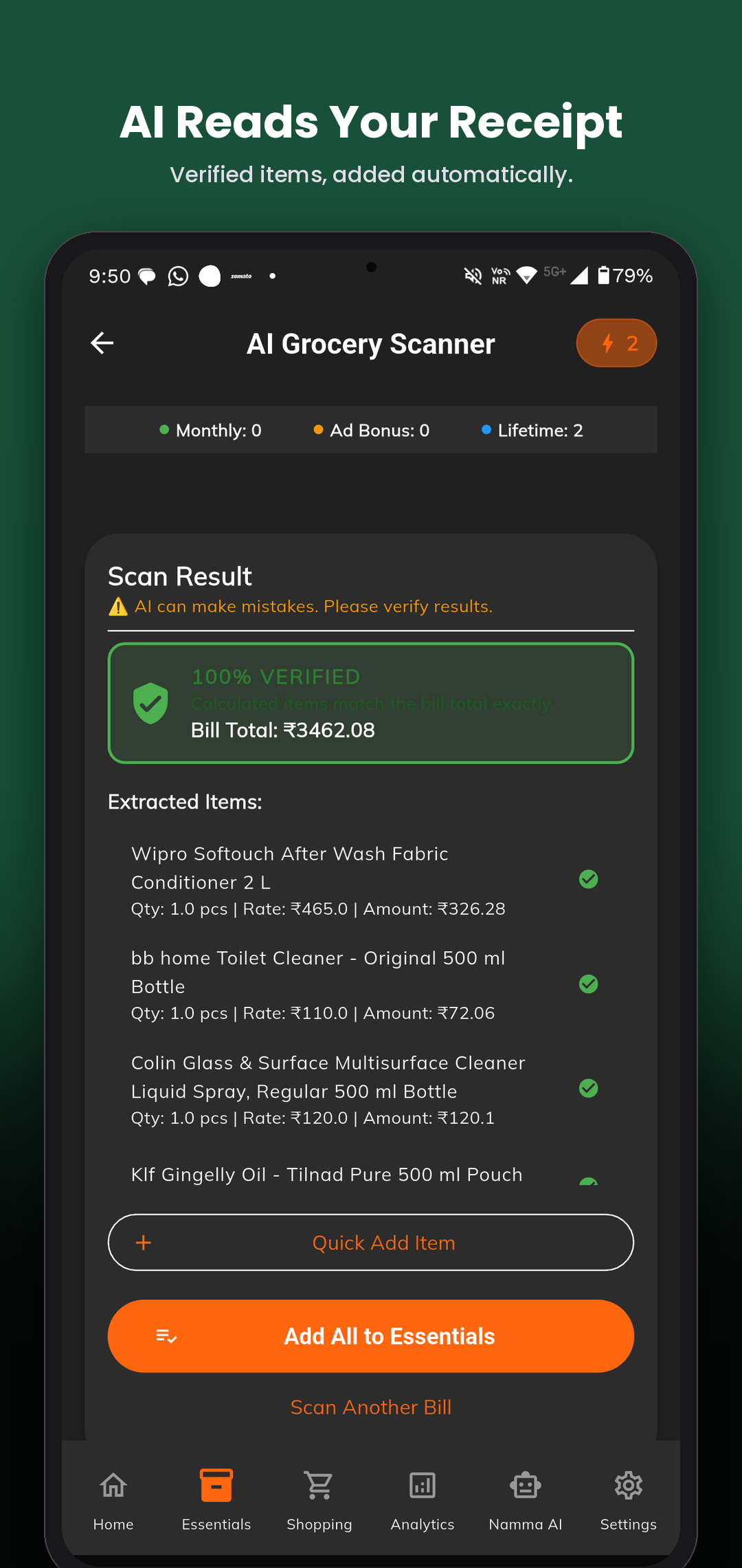 Scan result screen showing extracted grocery items with a verified badge